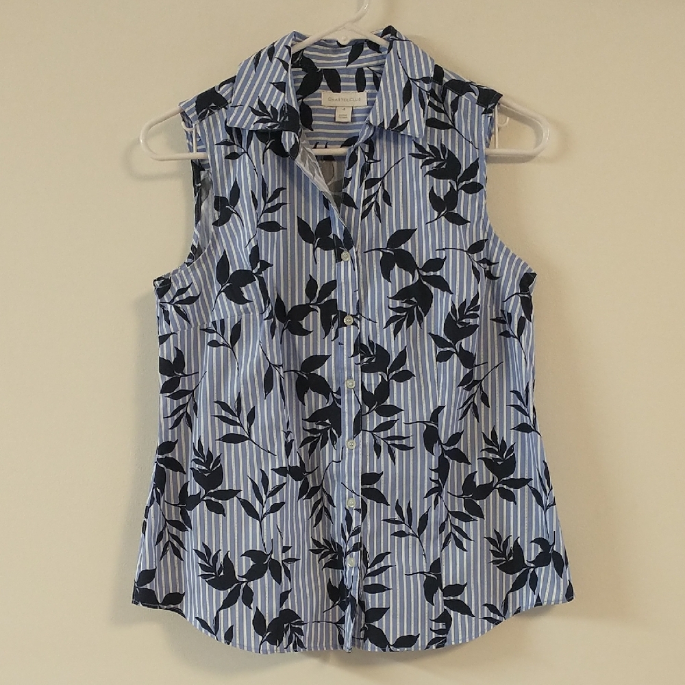 Charter Club Classic Tailored Sleeveless Cotton Blend Shirt Size 4
